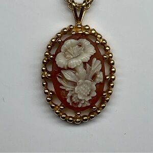 Vintage Crown Trifari Red Coral‎ Carved Cameo Necklace Excellent Signed 2 Places